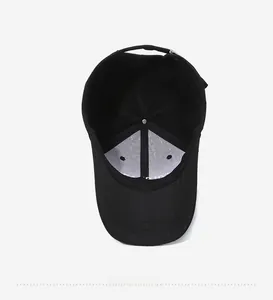 Detailed interior of black cotton baseball cap showing lining, top button and strap