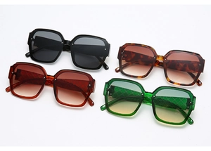 Detail view of four square gradient sunglasses showing textured temples in multiple colors