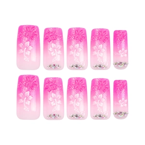 Pink gradient press-on nails with 3D floral petals and rhinestones in square shape