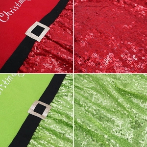 Sequin Christmas chair covers in red and green with festive belt buckle design details