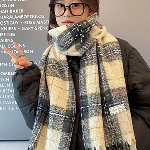 Close-up of plaid knit scarf with fringes and woven brand label on model