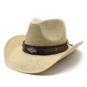 Classic straw western cowboy hat with decorative brown band and vintage metal buckle