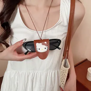 Brown leather Hello Kitty glasses holder necklace with black sunglasses for women