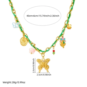 Farbenfrohe Blumen und Schmetterling vergoldete Edelstahlhalskette mit grünem Seil
