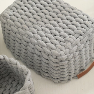 Rectangular handmade woven cotton storage basket in grey with thick rope texture