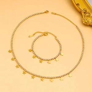 Elegant gold-plated stainless steel star necklace and bracelet set with sparkling zircons