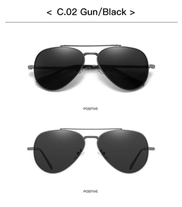 Close-up of gunmetal frame pilot sunglasses with black polarized lenses C.02 model