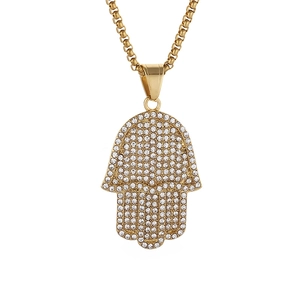 Hip hop gold plated stainless steel Hamsa hand pendant necklace with sparkling diamonds