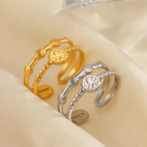 Stainless Steel Adjustable Open Ring Double Layer Geometric Round Sun Star Pattern Gold Plated Fashion Jewelry Women