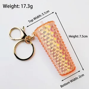 Detailed view of orange studded mini cup keychain showing 7.5cm height and dimensions
