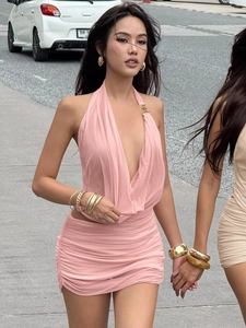 Pink halter deep V-neck bodycon mini dress with ruched details for summer street style