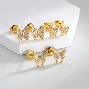 Orecchini a Bottone a Farfalla di Moda Placcati in Oro Acciaio Inossidabile Intarsiati con Strass Gioielli per Donna Design Minimalista