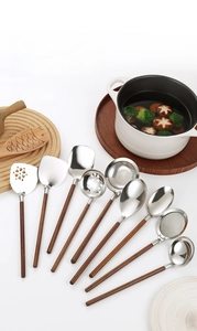 Nine-piece 304 stainless steel kitchen utensil set with dark walnut wood handles
