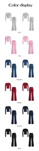 Detailed color palette showing gray, pink, royal blue, wine red, navy blue, and black outfits