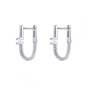 Silver S925 U-shaped twisted hoop earrings featuring a brilliant round-cut cubic zirconia