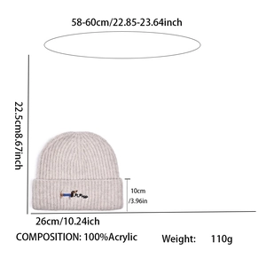 Size chart for knit beanie showing dimensions 22.5cm height and 100% acrylic material