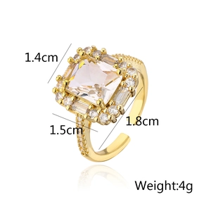 Detailed view of adjustable 18K gold plated ring dimensions with square zircon stone