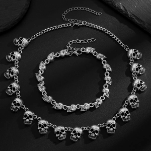 Gotische schedel ketting en armband set in vintage zilveren afwerking voor Halloween