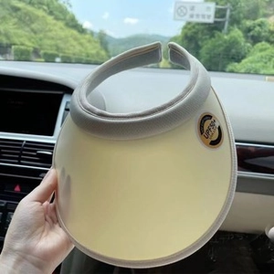 Close-up of beige open-top sun hat with grey trim and UPF 50+ UV protection label
