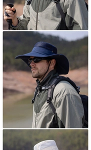 Detail of navy sun hat with breathable mesh vents and adjustable chin strap