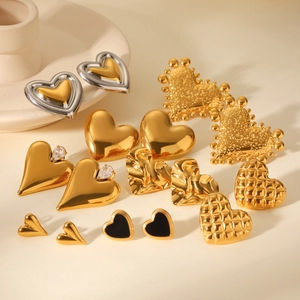 Elegant heart-shaped stainless steel earrings in gold, silver, and crystal designs