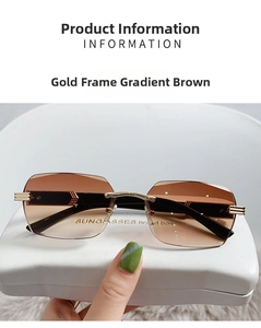 Detail of rimless gradient brown sunglasses with gold metal bridge and leather case