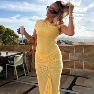 Robe Maxi À Une Épaule Froncée Pour Femmes Sexy Fente Haute Moulante Polyester Élégante Soirée Robe Longue