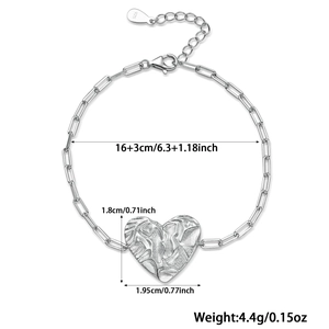 S925 sterling silver heart pendant bracelet with paperclip chain and adjustable link