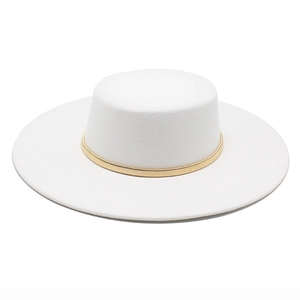 White felt boater hat with a wide brim and decorative gold spring band in a 45-degree view