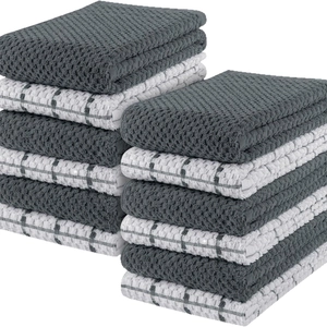 Set of 12 charcoal grey and white checkered cotton waffle weave dish towels for kitchen cleaning