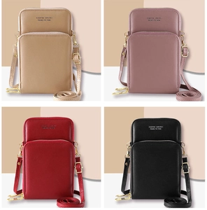 Women's crossbody phone bags in khaki, pink, red, and black with double zippers