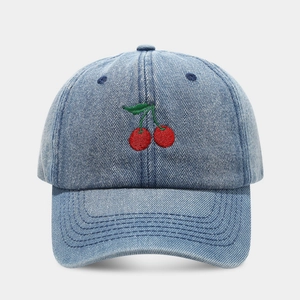 Classic light blue denim baseball cap with exquisite red cherry embroidery on front