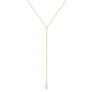 Detailed view of elegant Y-shaped gold S925 silver necklace with white drop pearl pendant