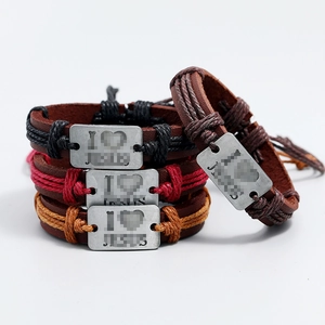 Adjustable woven leather bracelet set with metallic plates for men and women
