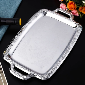 Rectangular Serving Tray Stainless Steel Embossed Floral Pattern Decorative Plate With Handles European Style