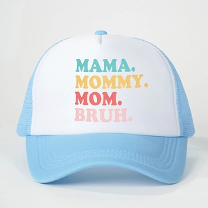 Adjustable light blue mesh trucker hat with colorful MAMA MOMMY MOM BRUH printed text