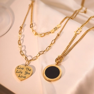 Gold Plated Titanium Steel Necklace Heart Pendant Letter B Roman Numerals Mother Of Artificial Pearl Double Layered For Women