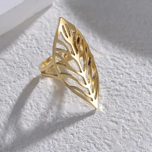 Elegant 18K gold-plated stainless steel ring with hollow leaf design and adjustable band