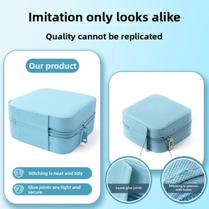 Close-up of sky blue faux leather jewelry box with zipper and neat stitching details