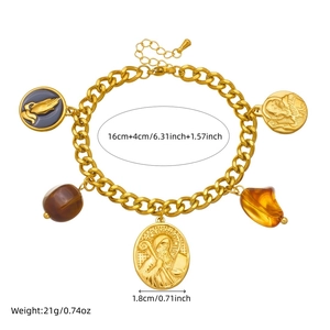 Gold plated stainless steel bracelet with St. Benedict pendant and resin beads, size info