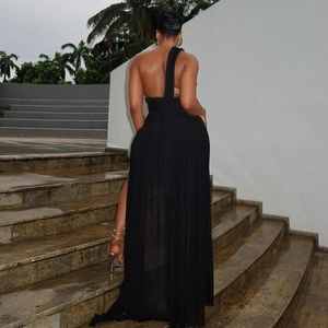 Elegant black one-shoulder backless maxi dress with sheer high slit hem for women