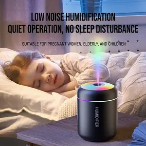Black portable humidifier with RGB ring light and mist for bedroom or office