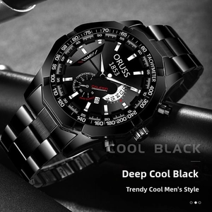 Macro shot of ORUSS cool black chronograph watch with stainless steel band and luminous hands
