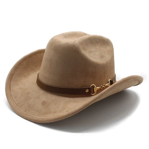 Vintage Western Cowboy Hat Suede Felt Wide Brim Fedora With Horsebit Buckle Leather Band Men Women Fashion