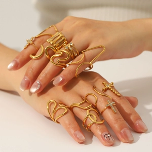 Stainless Steel Rings For Women 18K Gold Plated Waterproof Hypoallergenic Geometric Wave Cross Minimalist Open Adjustable