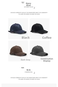 Detail view of distressed baseball caps in navy, black, coffee, and dark grey tones