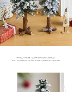 Mini frosted Christmas tree with snow effect on wooden base for table decoration