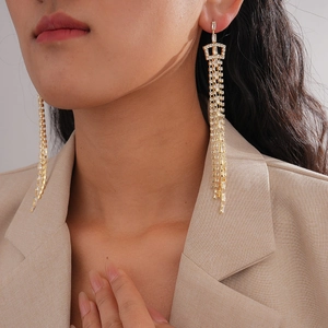 Elegant gold-tone tassel drop earrings with sparkling cubic zirconia on female model