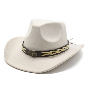 Classic suede Western cowboy hat in beige with bull head emblem on decorative band