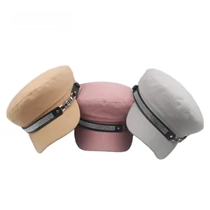 Flat top navy berets with rhinestone leather band in khaki, pink and grey colors